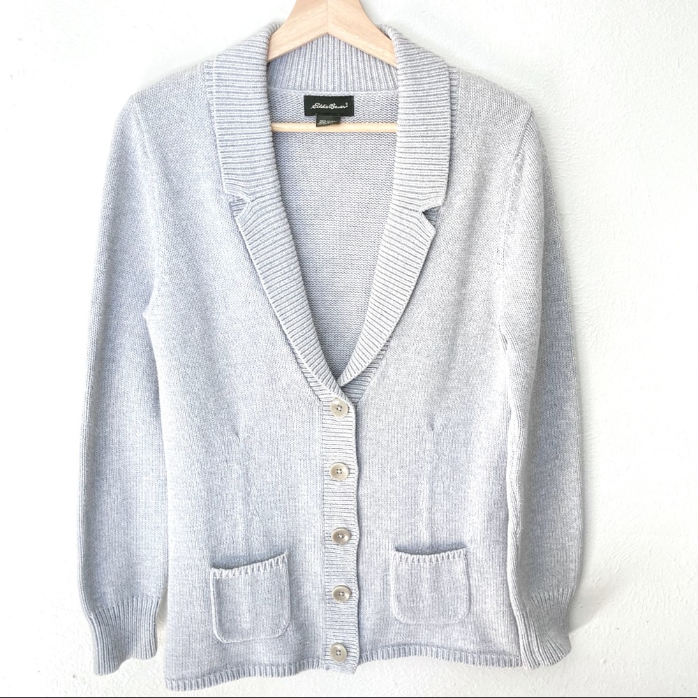 Eddie Bauer Knit Cardigan Gray Grandpa Sweater Button Collar Long 100% Cotton M